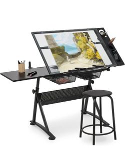Adjustable Height Drafting Table with Stool, Modern Style, Tough Glass Top, 28-36 in Length, 19 in Width, 30 in Height, Ideal for Artists, Designers, 