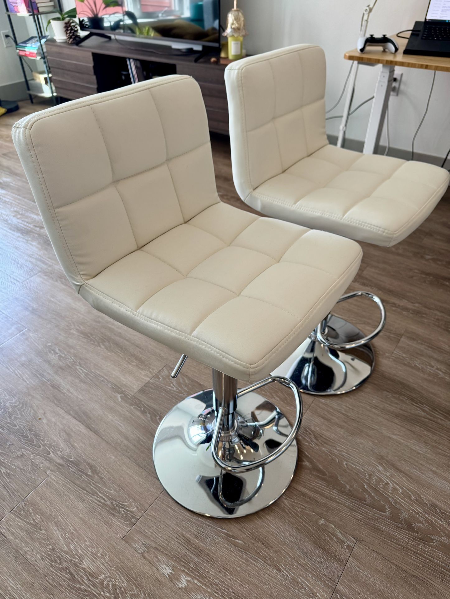 Bar Stools Modern Pu Leather Swivel Adjustable Hydraulic Bar Stool Square Counter Height Stool Set of 2 (White)