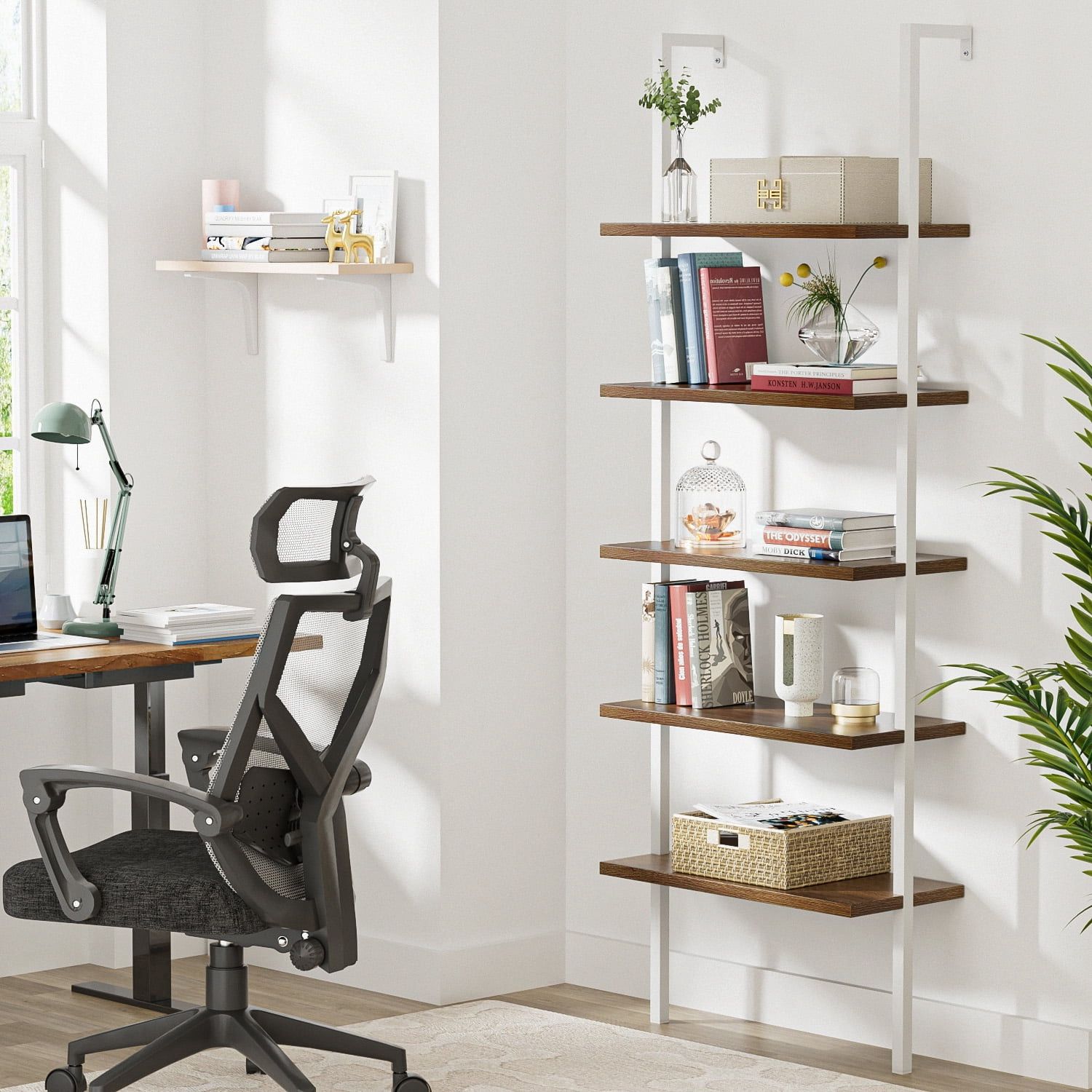 New Industrial Ladder Shelves, 5-Tier Wood Wall-Mounted Bookcase with Stable Metal Frame, 72 Inches Storage Rack Shelves Display Plant Flower New in