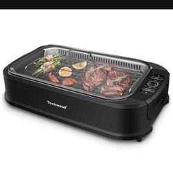 Smokeless Grill 1500W indoor Grill with Tempered Glass Lid, Compact & Portable Non-stick BBQ Grill, Turbo Smoke Extractor Technology, Drip Tray& Remo