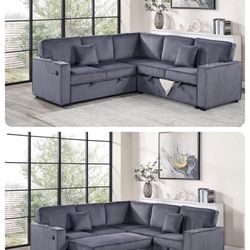 $550.  Sectional Pull Out Bed With Storage USB Cup Holder Available,I Ivory,Dark Gray,Corduroy