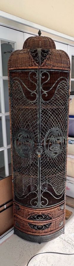 Vintage Wicker and Wrought Iron Corner Cabinet