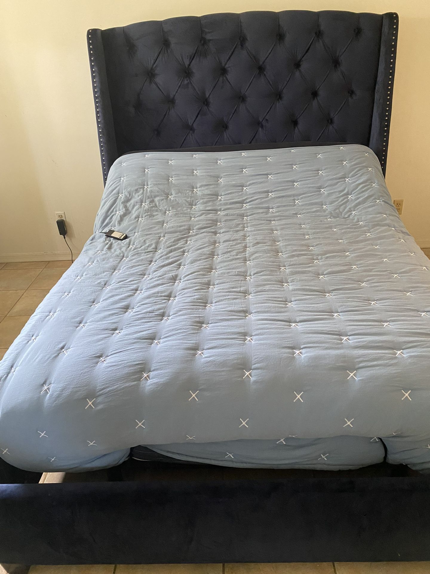 Navy Blue Queen Bed w/adjustable frame