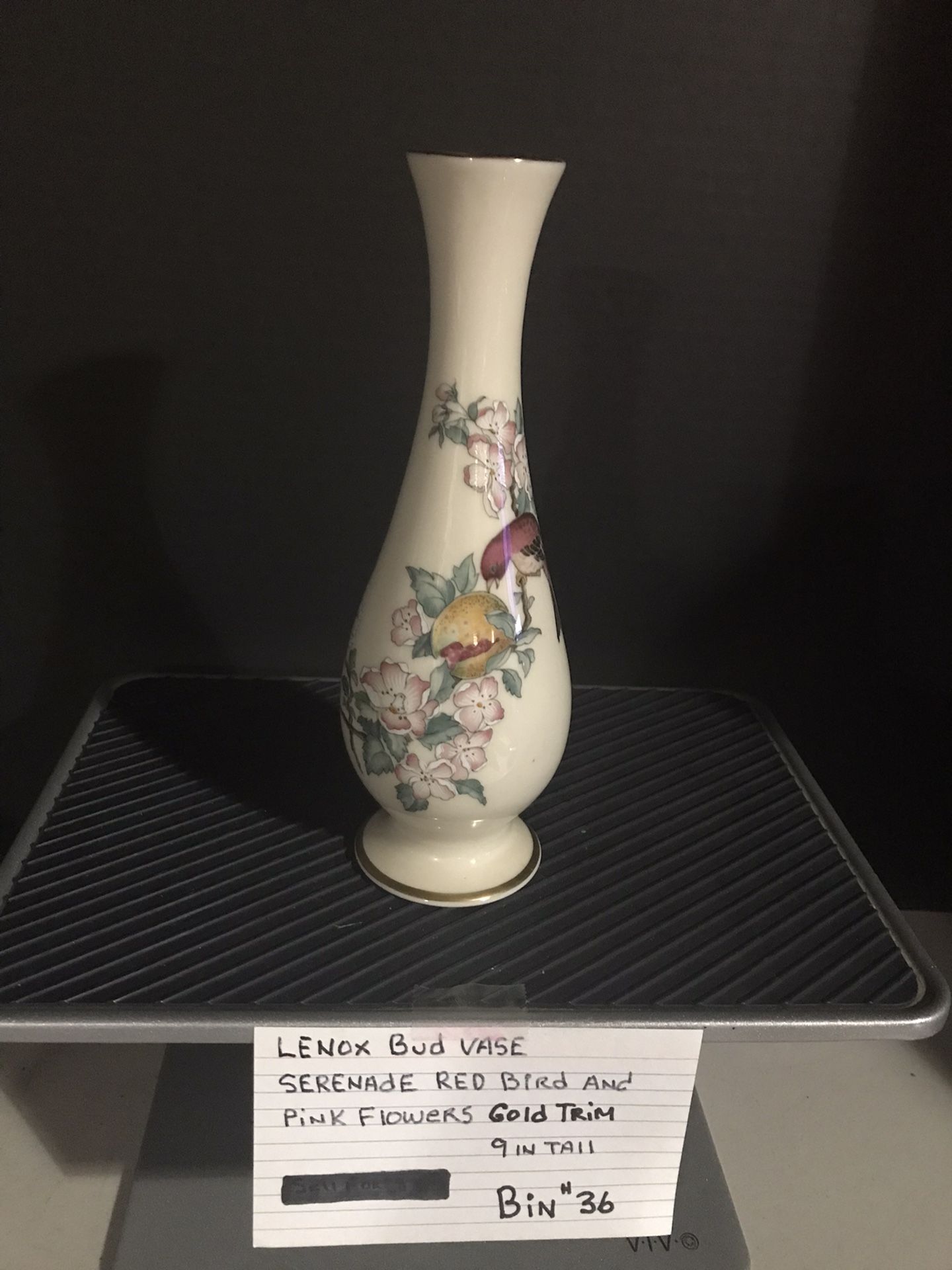 Lenox Bud Vase Serenade Red Bird And Pink Flowers Gold Trim 9 Inches Tall