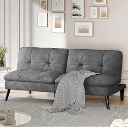 Futon Sofa Bed, Foldable Small Velvet Couch Bed with Adjustable Recliner, Space Saving 2 in 1 Sofa f
