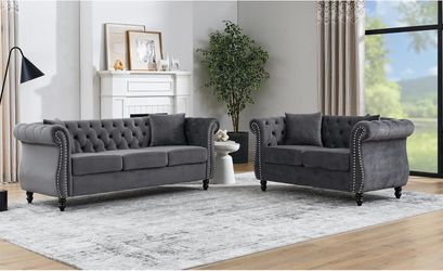  2-Pc Gray Velvet Chesterfield Tufted Living Room Sofa Set - Sofa & Loveseat [NEW]  **Retails for $1328  <Assembly Req>