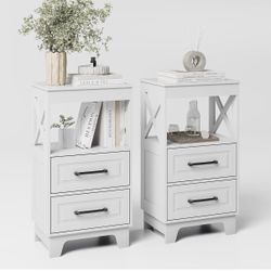 Tall Nightstand Set of 2 End Table with 2 Drawers Modern Narrow Bedside Table Wooden Side White New