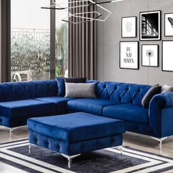 Lexi Navy Velvet LAF Sectional with Ottoman /couch /Living room set