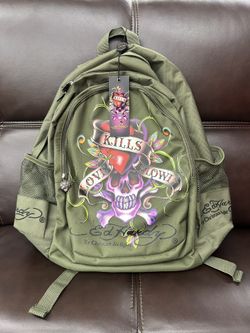 Vintage Y2K Ed Hardy Backpack Love Kills Slowly Army Green