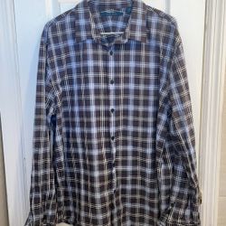 NWOT Perry Ellis blue and gray plaid long sleeve button down XXL
