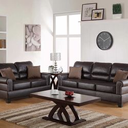 Brand New Espresso Leather Sofa & Loveseat (Pillows Included)