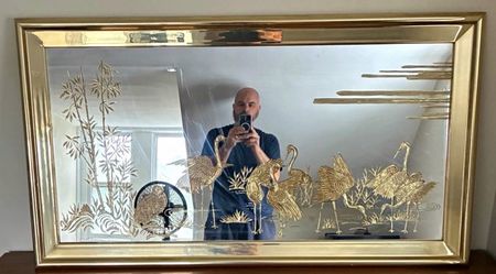 Vintage 1970s Hollywood Regency Brass/Gold Etched Crane Mirror – Large
