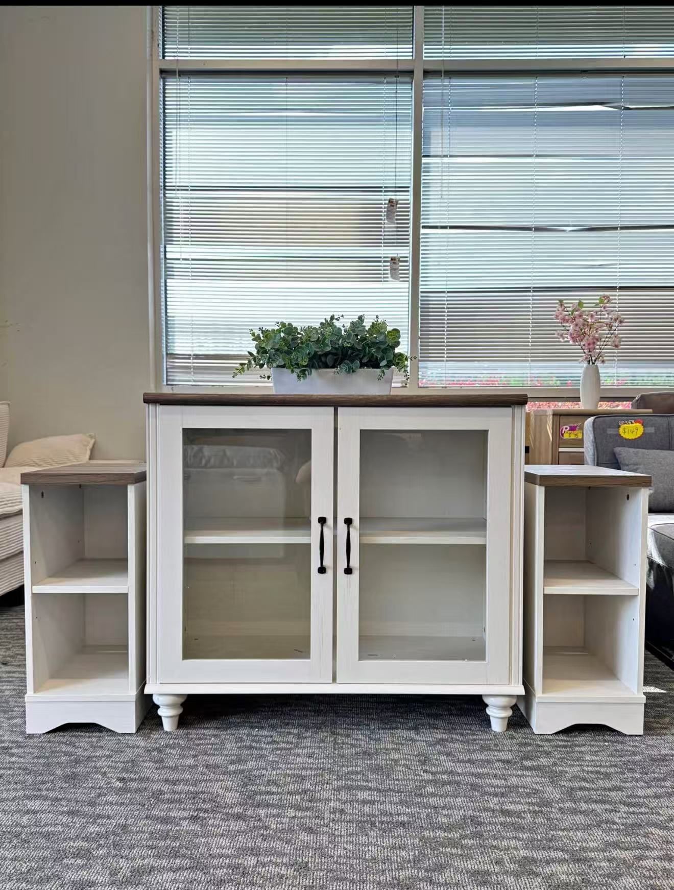 🔥Fully Assembled🔥3-Piece Storage Cabinet Set – Includes a modern buffet cabinet with glass doors and two matching small end tables. Perfect for livi