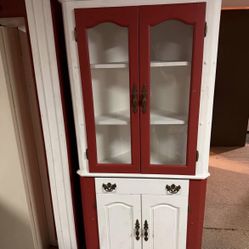 Red & White Corner Hutch / Display Cabinet