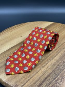 CELINE Paris Men's Pure Silk Tie Red Designer Pattern Spain Celestial Sun & Moon Couture Designer