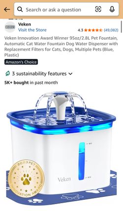 Veken Pet Dog Cat Water Fountain With Filters
