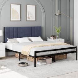 Full-Size Bed Frame with Velvet Headboard