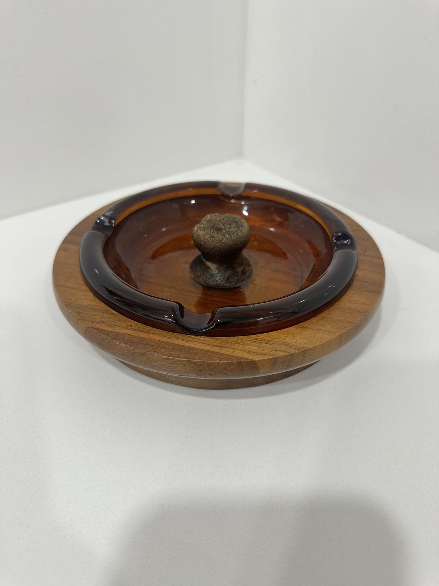 Mid-Century Modern Vintage Collectible Ashtray with Wood Base and Amber Glass
