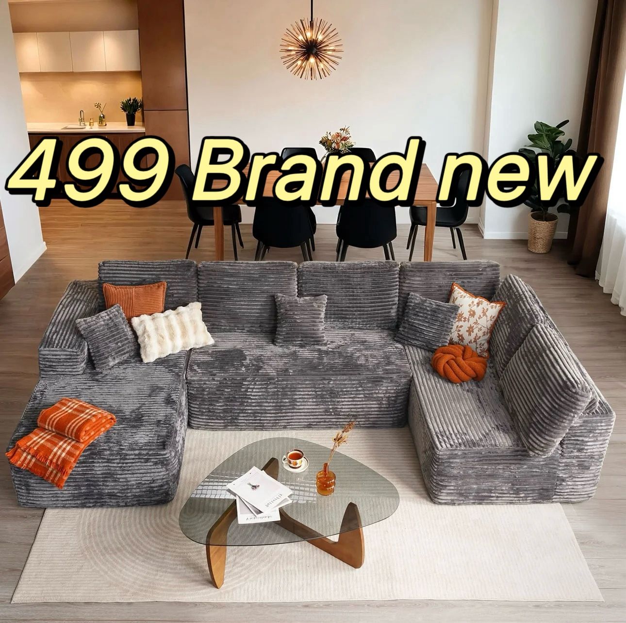 Modular Sectional Cloud Sofa, Plush Corduroy with Memory Foam, U-Shaped Chaise, No Assembly Required