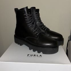 Black Leather Furla Army Boot, Size 38