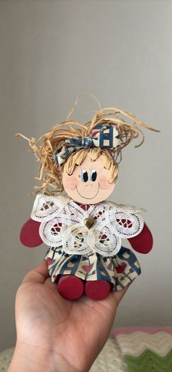 Handmade Wooden Country Doll with Straw Hair