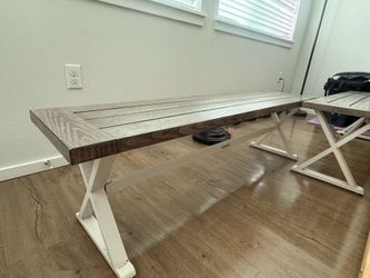 Outdoor Bench – Faux Wood Top, White Metal Legs
