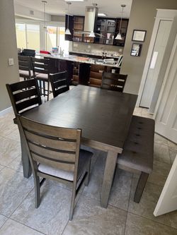 Dining table for chair, chairs, bench seat, and four matching barstools