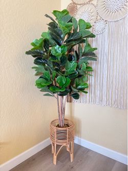 Artificial Fiddle Tree with Rattan Stand
