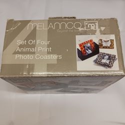 4 BRAND NEW COASTERS WITH ANIMAL PRINT DESIGNS AND PHOTOS CAN BE INSERTED
