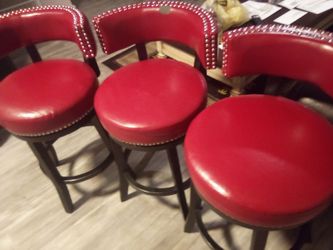 Red Leather Bar Stools with Nailhead Trim – Set of 3