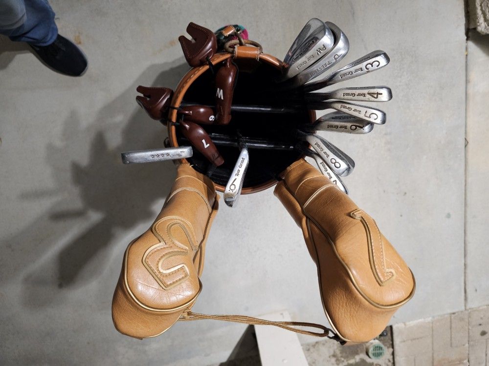 Golf Clubs, Woods, Irons, Bag, And Lether Bag Cover