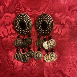 Vintage Bronze And Black Coin Dangling Earrings,by Croft & Barrow