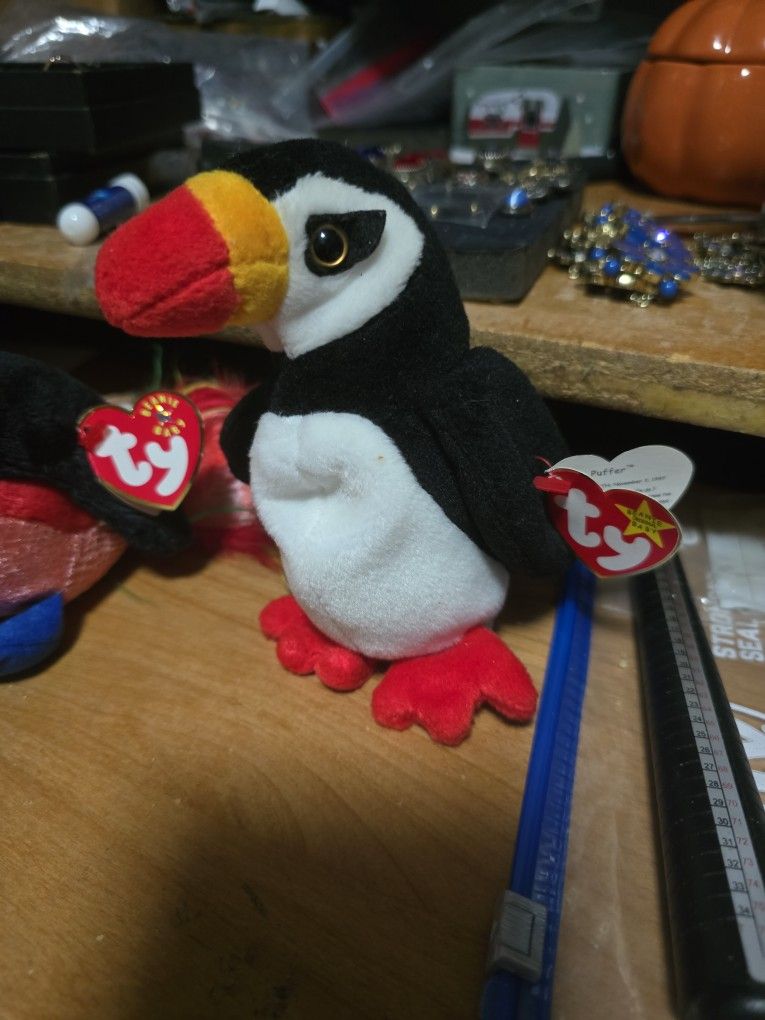 Three Beanie Babies PUFFER THE PIFFIN, SWOOP THE PTERDACTYL,  AND FRILLS THE  HORNBILL ALL WITH TAGS