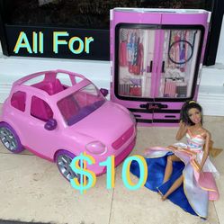 $10 For All Barbie Stuff; Closet Fashionista,Barbie Car,Barbie Doll all included