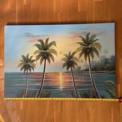 Set Of 3 Sunset Palm Trees Beach Coastal Florida Scenes Decor Signed Paintings 