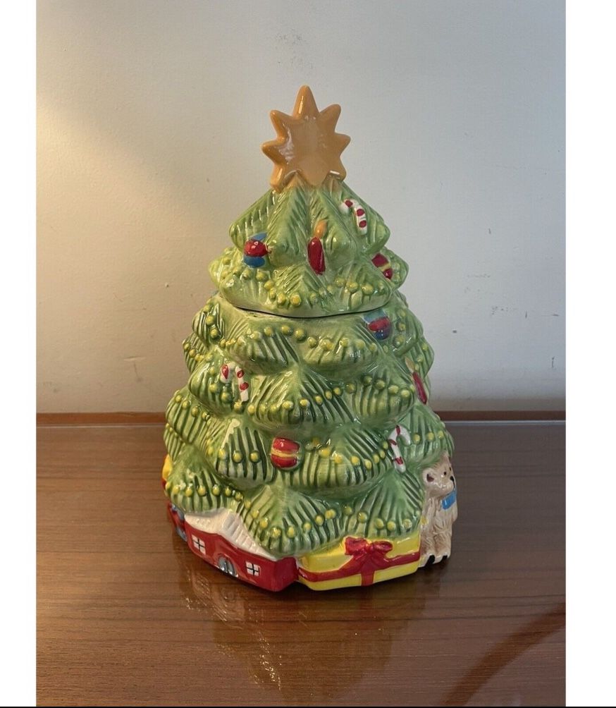 Christmas Tree Cookie Jar Ceramic Decor Teddy Bear & Presents, 10” Tall
