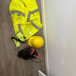 Hard Hat, Steel Toe Work Boots, Reflective Vest And Work Gloves
