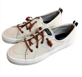 Sperry Women's Crest Vibe Linen Sneakers in a neutral oatmeal color 9.5