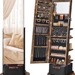 360° Swivel Mirrored Jewelry Cabinet with Lights, Full-Length Mirror with Jewelry Storage, Standing Jewelry Armoire Organizer, with Large 