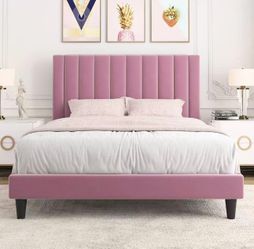 Queen Bed Frame/Velvet Upholstered Bed Frame with Vertical Channel Tufted Headboard/Strong Wooden Slats/Platform Bed Frame/Mattress Foundation/Box Spr