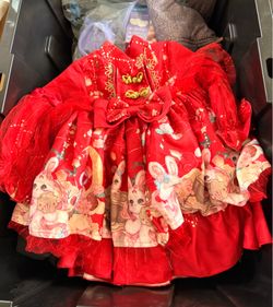 Red Rabbit Print Chinese Style Baby Dress