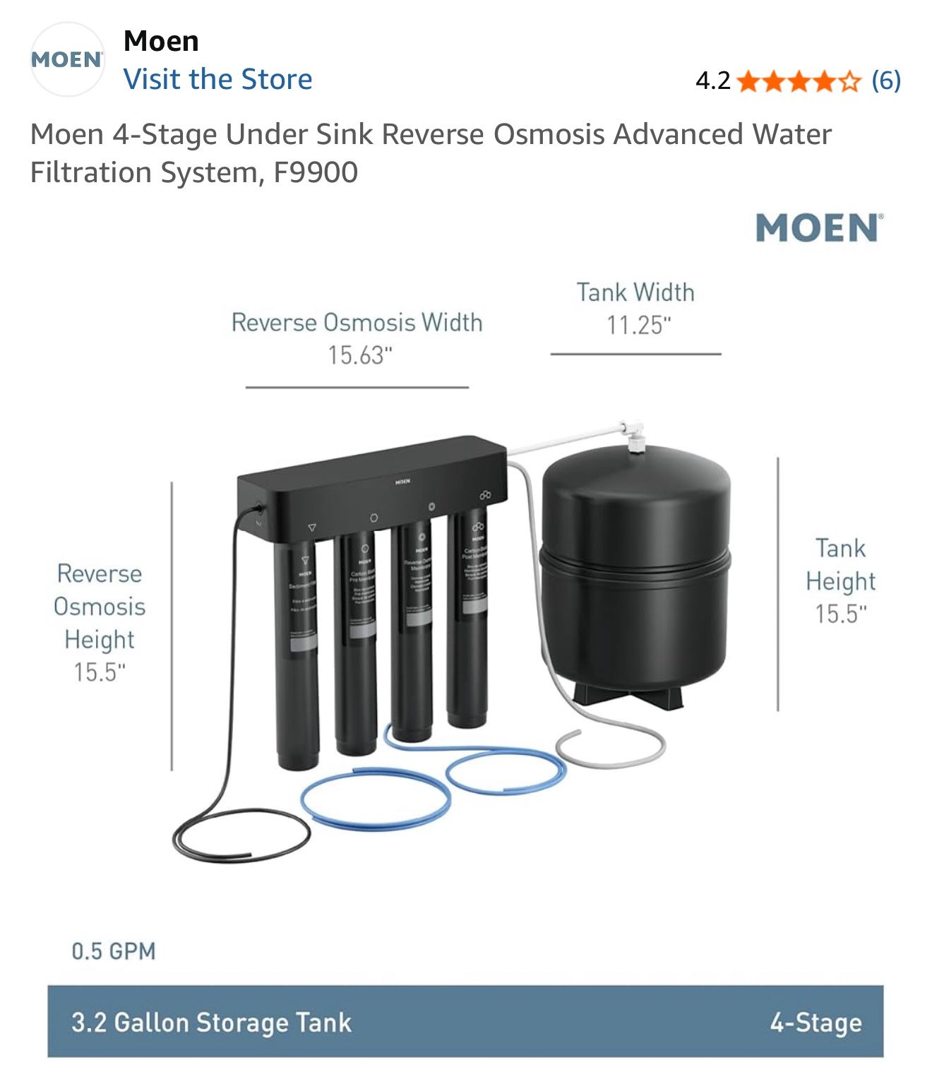 New / Never used - Moen 4-Stage Under Sink Reverse Osmosis Advanced Water Filtration System, F9900