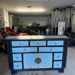 Distressed Blue Asian Style Console Cabinet