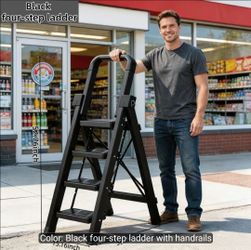 Black 4-Step Folding Ladder with Handrails