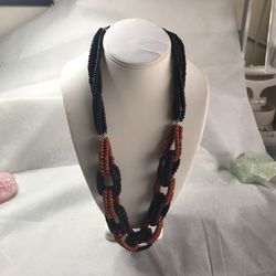 Wooden Beaded Necklace With Silver Tone Beads , Black And Brown  App.14” Long