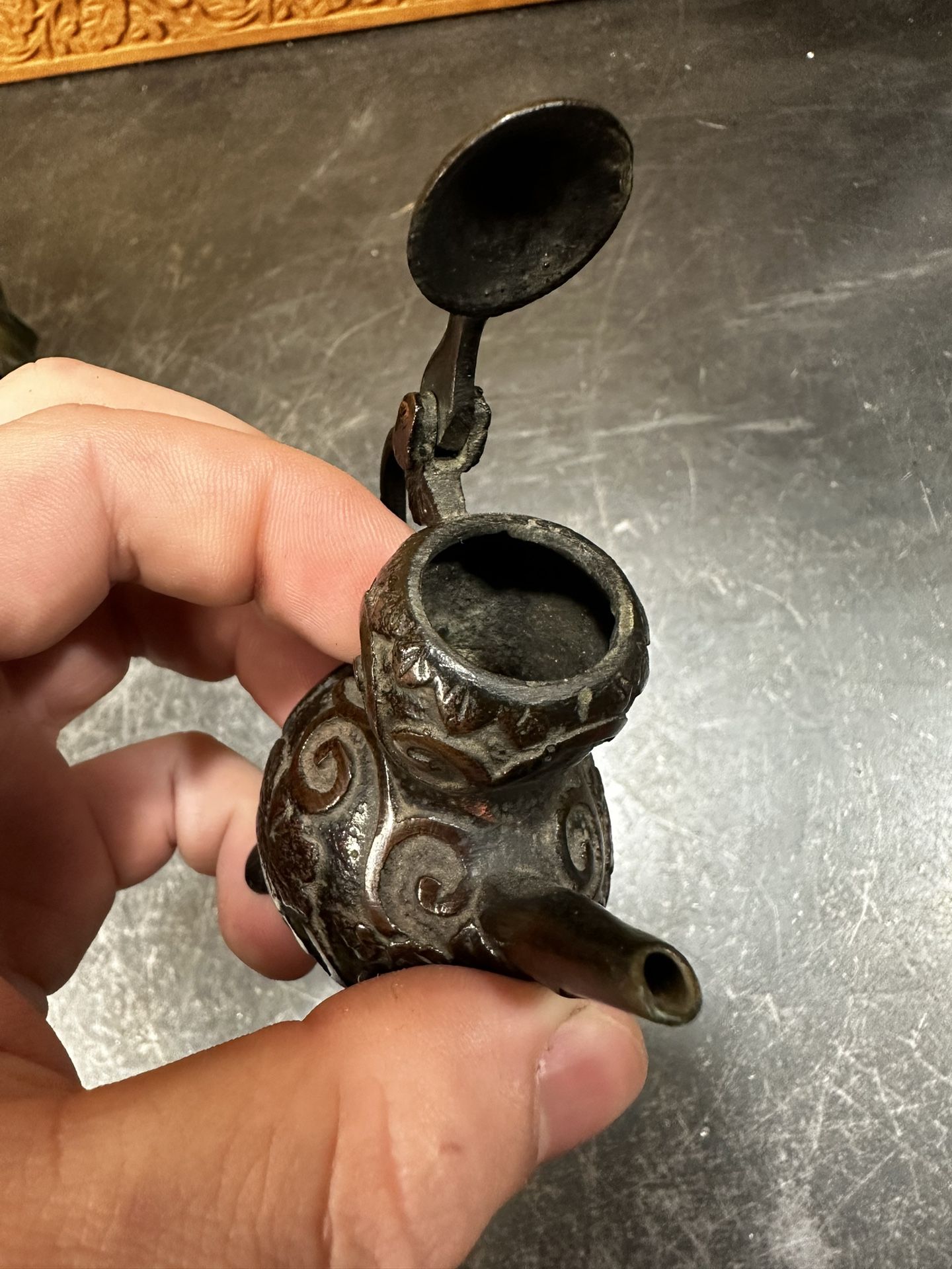 Chinese Republic miniature Teapot bronze water dropper Scholar Gourd Garlic Head