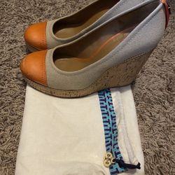 Tory Burch Cream & Orange Cork Wedges Sz 7.5 *MAKE AN OFFER*