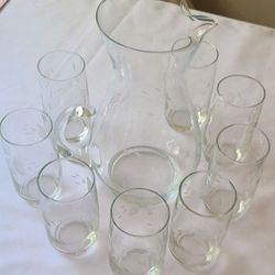 Princess House vintage Etched floral glass pitcher and juice glass set 72oz  pitcher