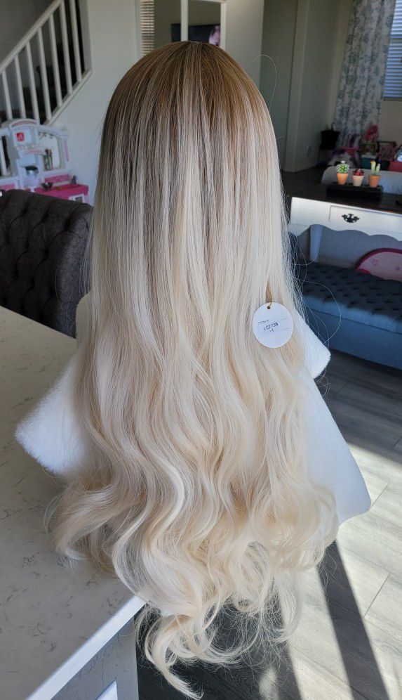 Mid Part Blonde with Platinum Ombre Long Synthetic Wigs, Heat Resistance, High Fiber