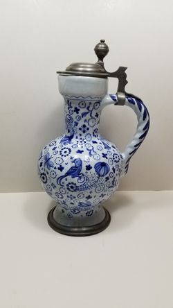 18th Century Signed and Dated Pewter Mounted Continental Faience Ceramic Jug